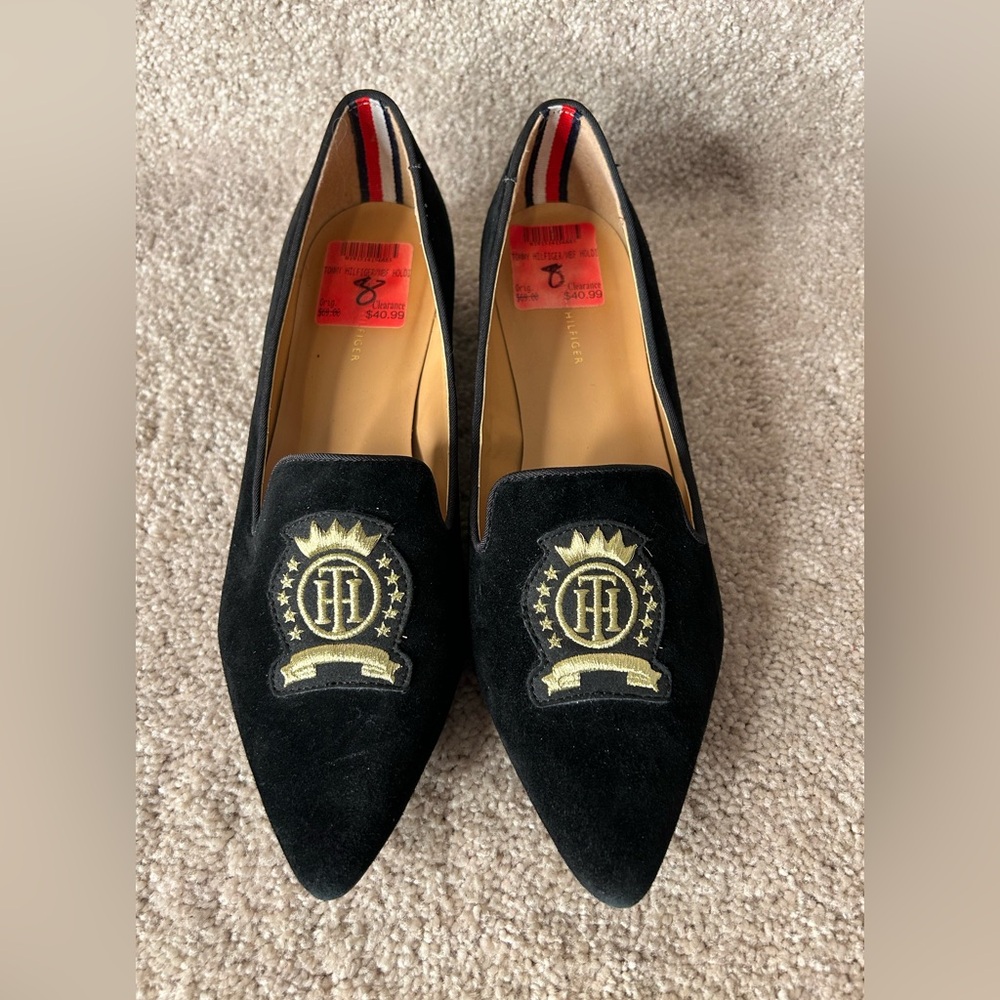 Tommy Hilfiger Black velvet leather low wedges slip on size 8